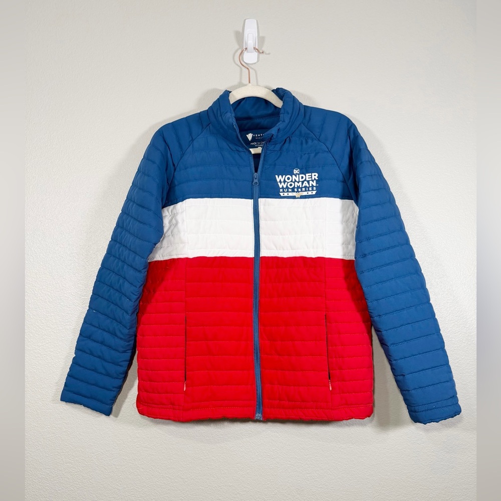 Wonder Woman Jacket Quilted Puffer Coat Blue White Red DC Universe Women Large